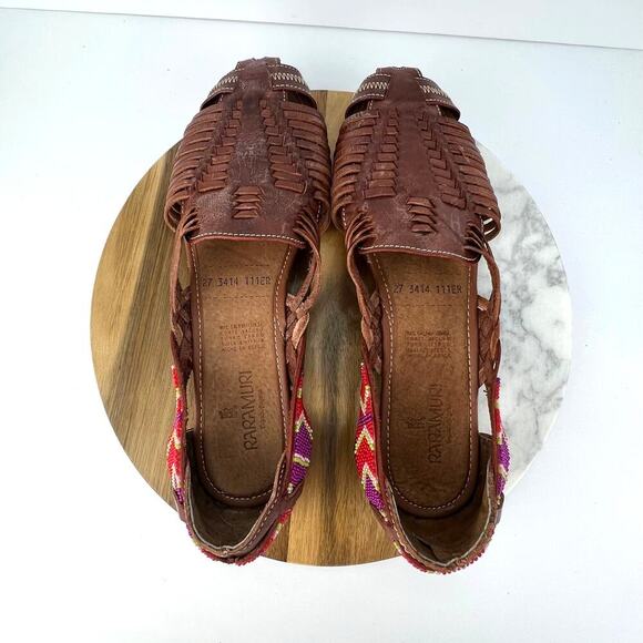 RARAMURI Mexican Beaded Hand Made Leather Woven Cognac Huarache Sandals Size 10 - Picture 7 of 10